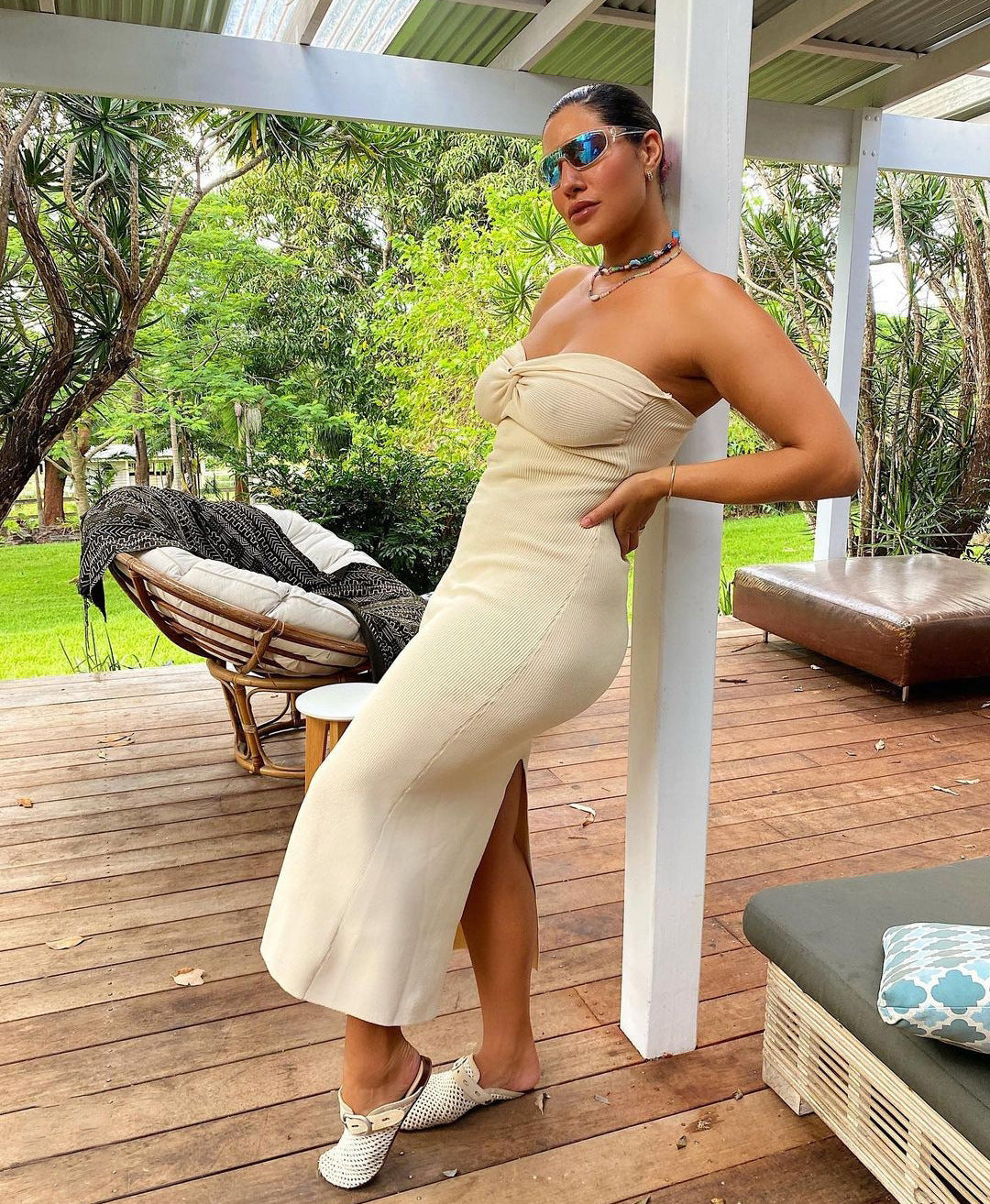 Knit Strapless Twist Front Sweetheart Neck Bodycon Midi Dress 25