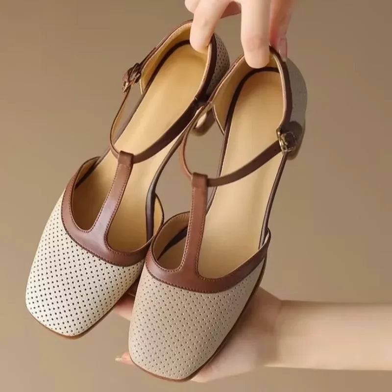 Perforated Square Toe T-Strap Block Heel Pumps