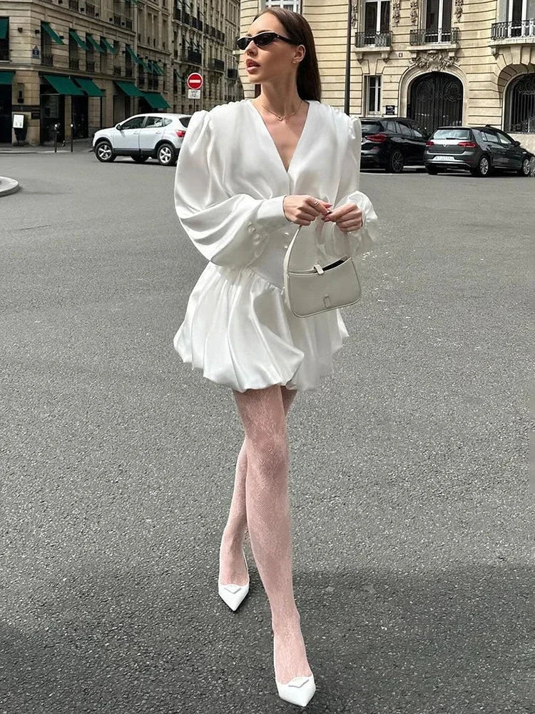 Deep V-Neck Puff Sleeve Corset Waist Bubble Skirt Mini Dress