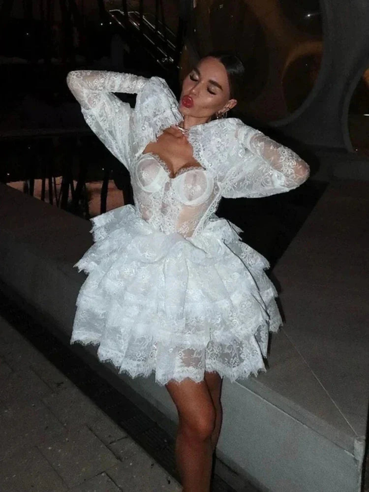 Puff Sleeve Layered Ruffle High Waist Lace Dress