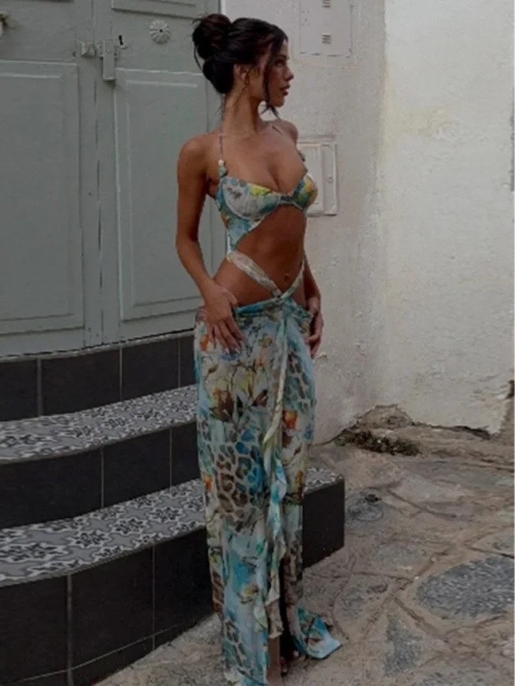 Hollow Out Printed V Neck Midi Dress