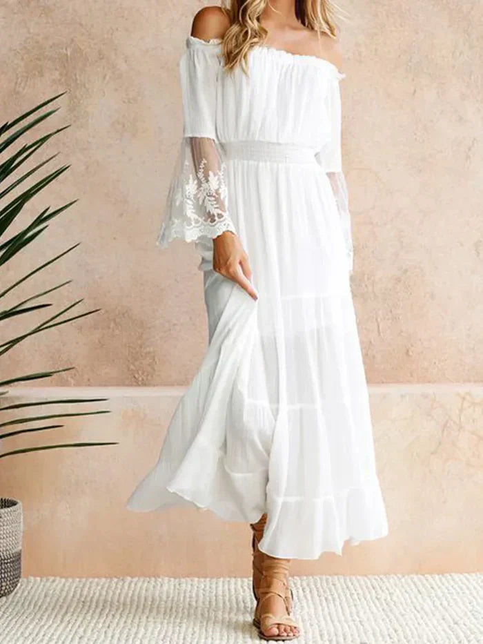 Off Shoulder Lace Bell Sleeve Smocked Tiered Chiffon Maxi Dress