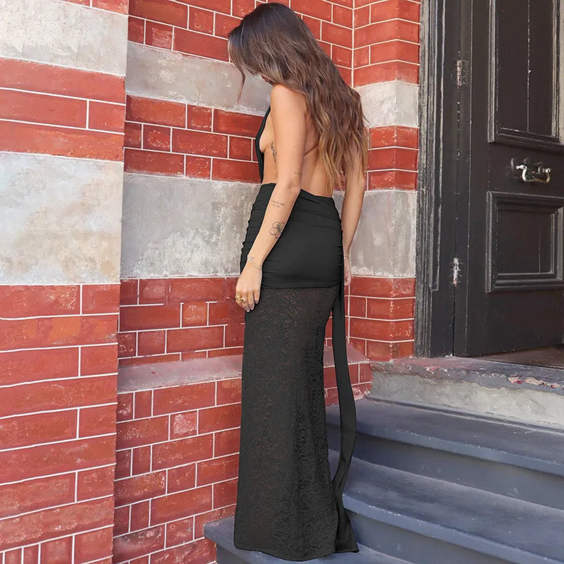 Halter Neck Deep V-Neck Draped Waist Lace Skirt Maxi Gown 14