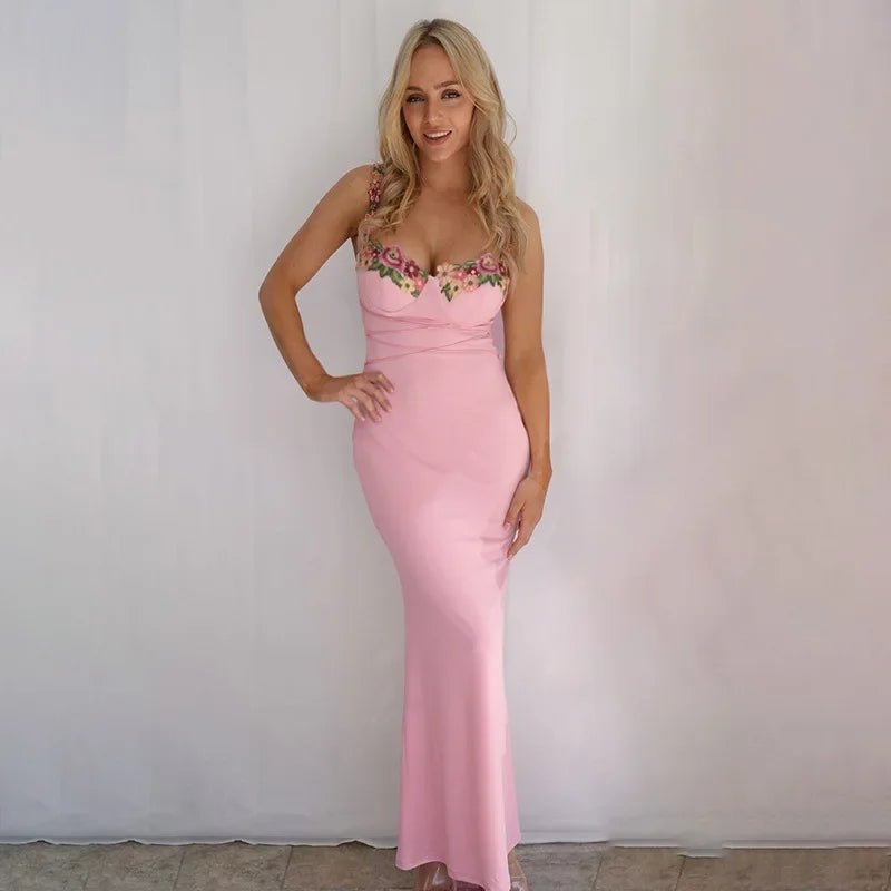 Floral Applique Strap Bustier Lace Up Waist Bodycon Dress 3