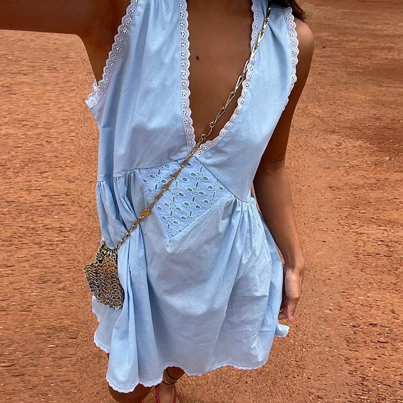 Lace Trim V Neck Flowy A-Line Mini Dress - View 4