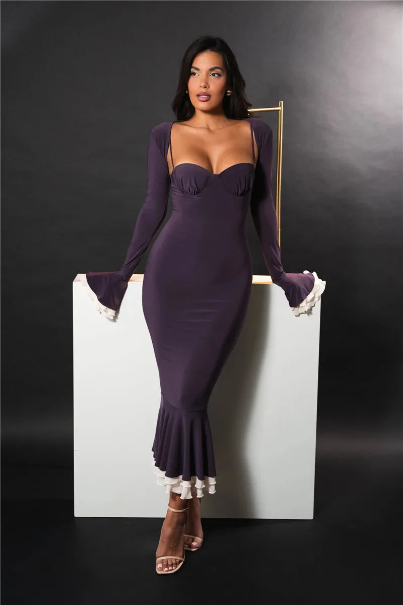 Sweetheart Spaghetti Strap Ruffle Trim Mermaid Midi Dress Two-Piece Set