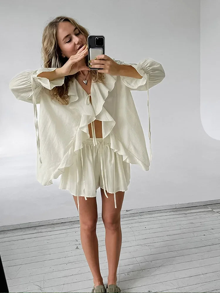 Deep V-Neck Ruffle Long Sleeve Smocked Cuff Blouse Drawstring Shorts Two Piece Set