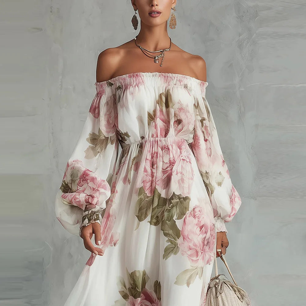 Floral Off Shoulder Puff Sleeve Maxi Dress