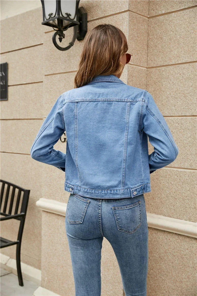Button Front Long Sleeve Collared Denim Jacket