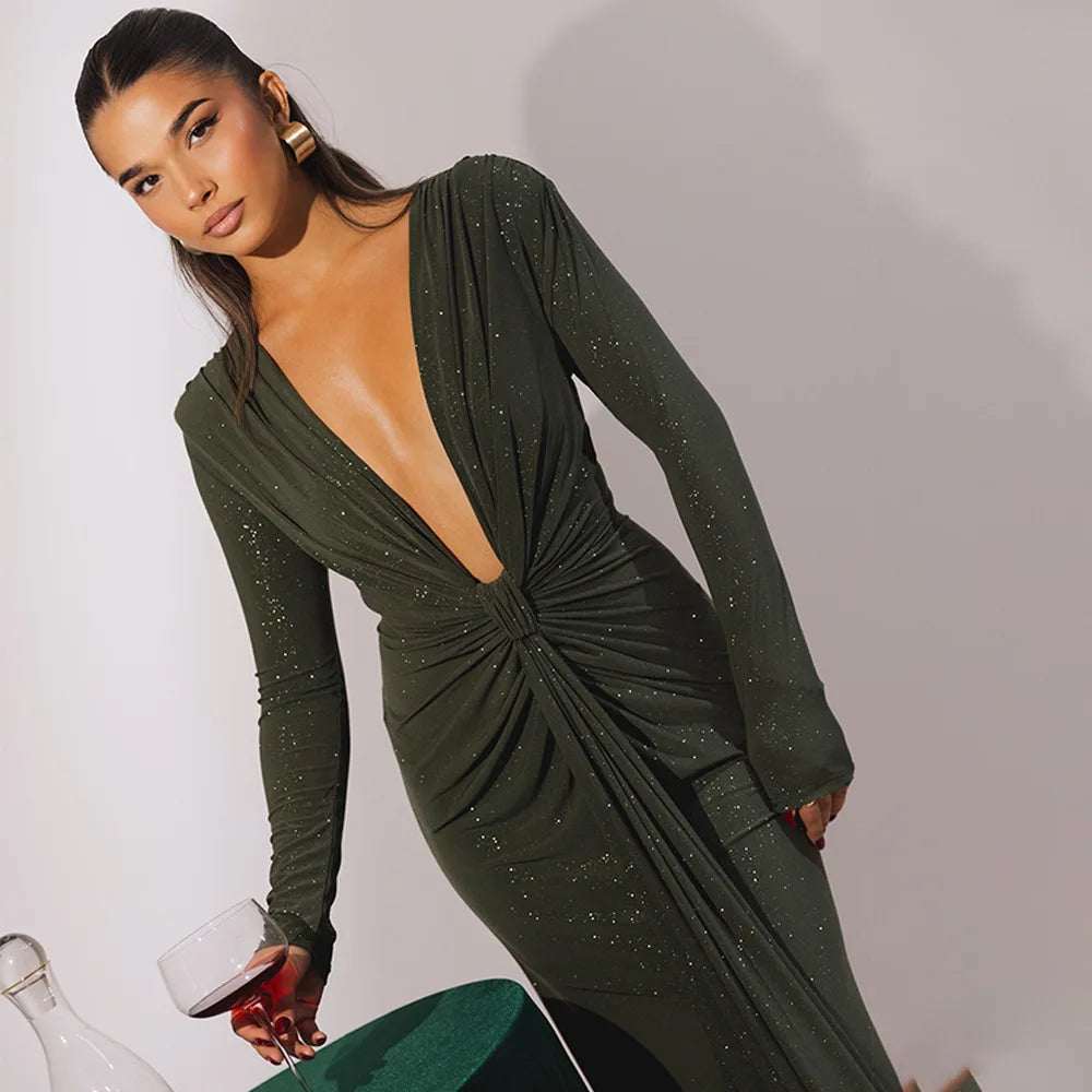 Elastic Deep V - Fold Lace Maxi Dress - View 20