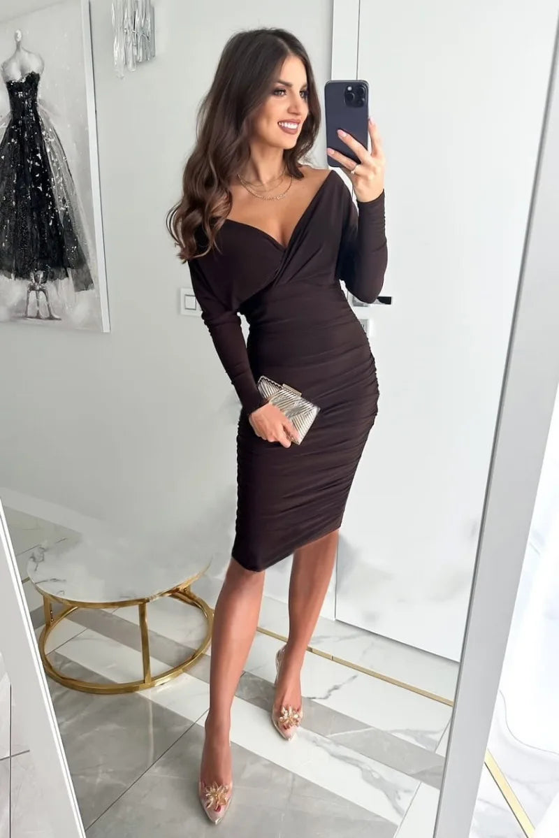 Deep V-Neck Long Sleeve Ruched Wrap Bodycon Midi Party Dress