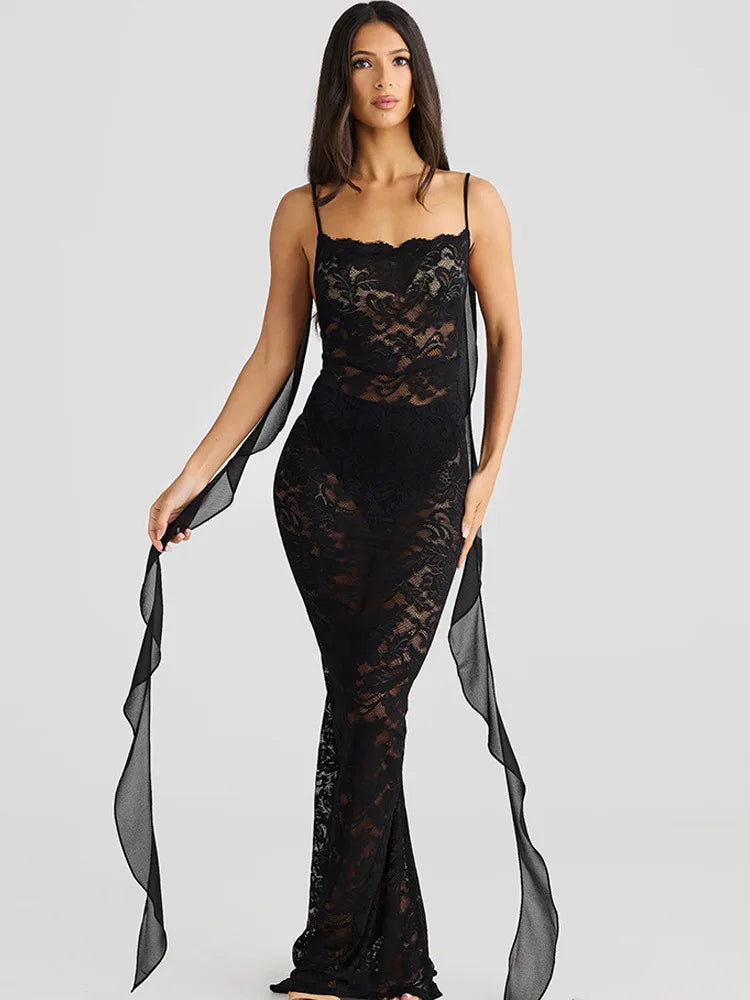 Floral Lace Backless Open Back Rosette Draped Train Maxi Gown