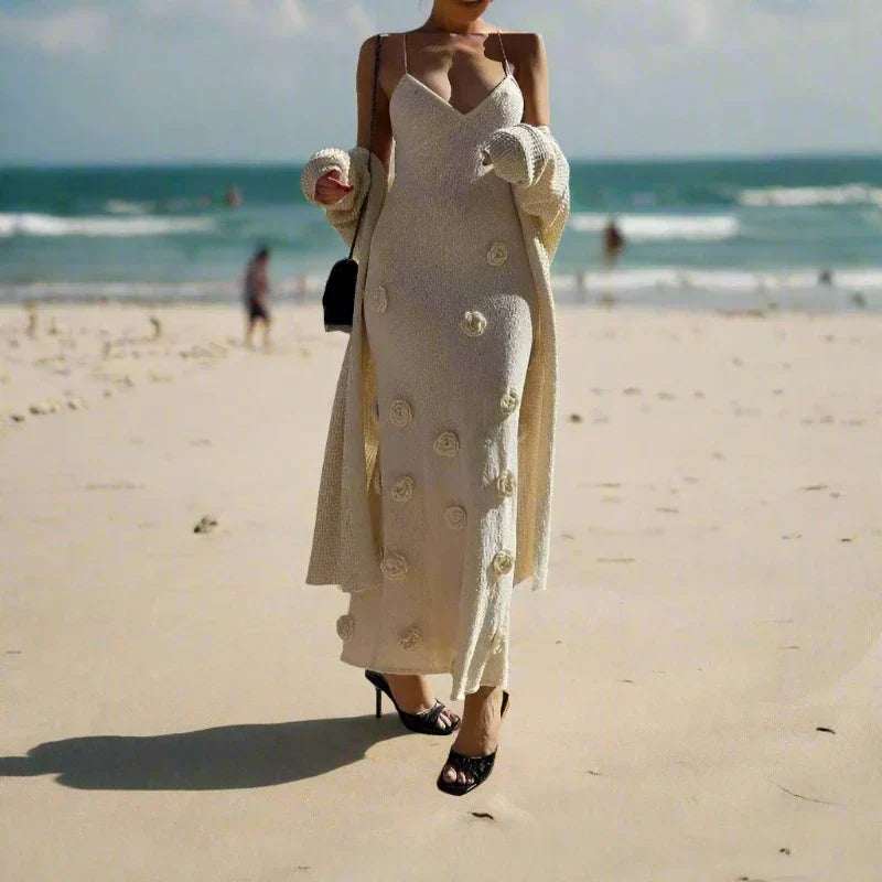 Knit V-Neck Spaghetti Strap Floral Applique Mermaid Maxi Dress