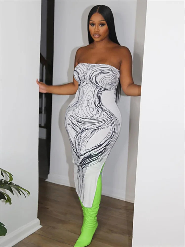 Strapless Panel Print Midi Dress