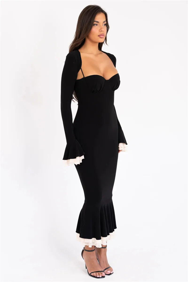 Sweetheart Spaghetti Strap Ruffle Trim Mermaid Midi Dress Two-Piece Set