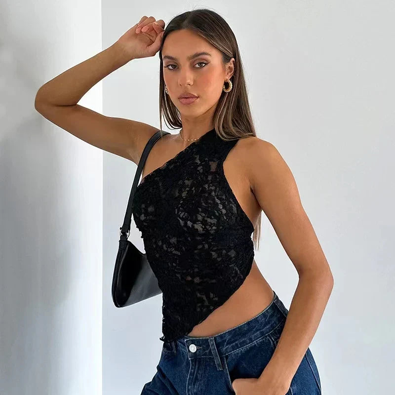 Solid Color Lace Open Waist Asymmetric Cami Top