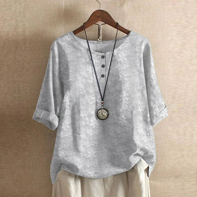 Round Neck Half Sleeve Floral Button Blouse