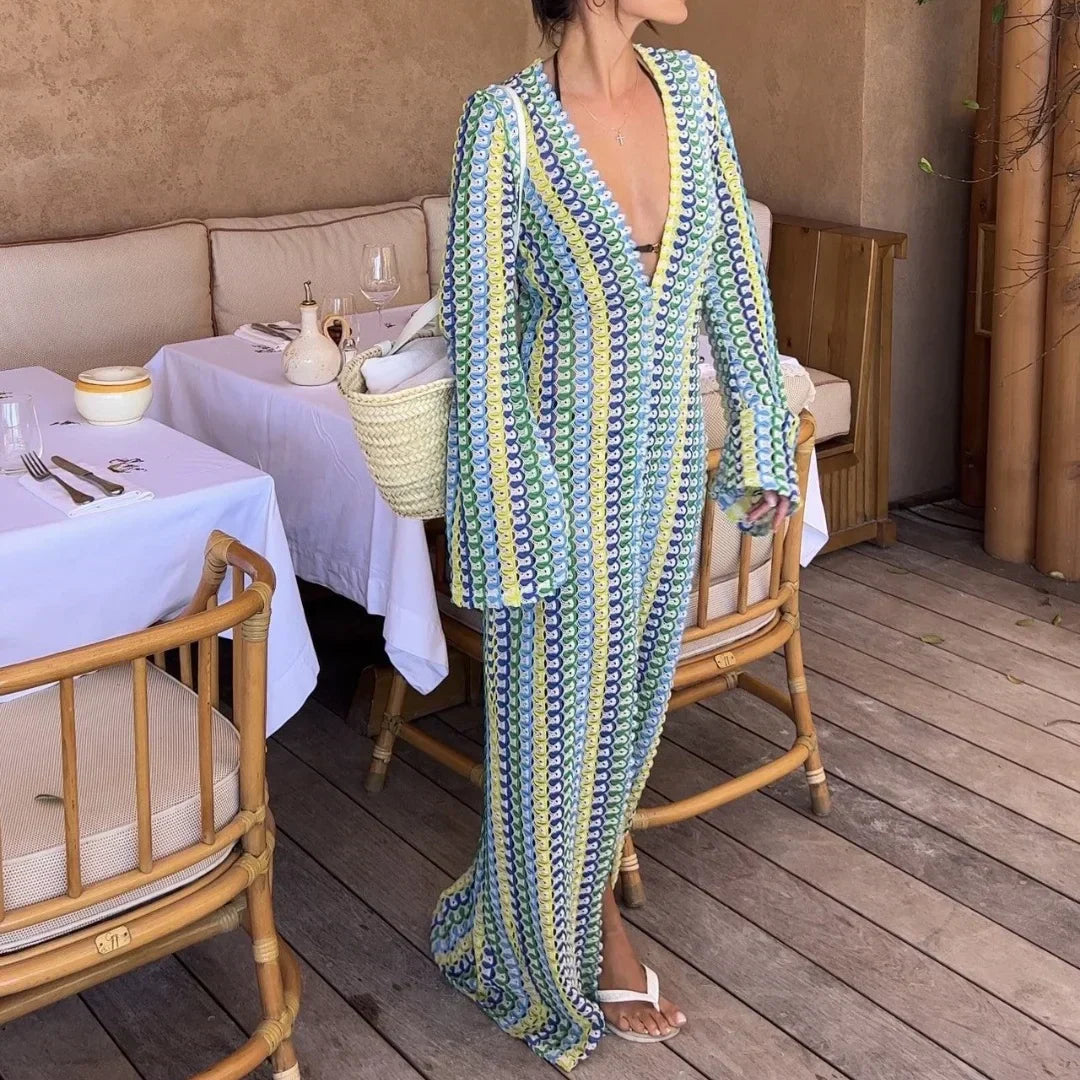 Crochet Deep V-Neck Bell Sleeve Scalloped Knit Maxi Dress
