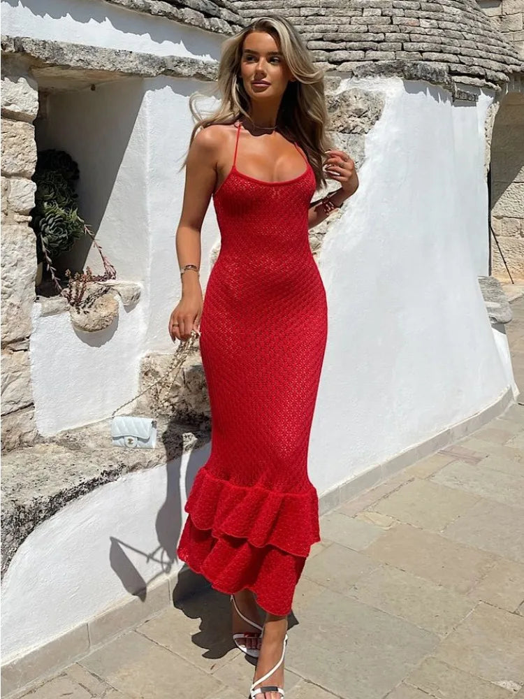 Crochet Maxi Dress with Ruffle Trim