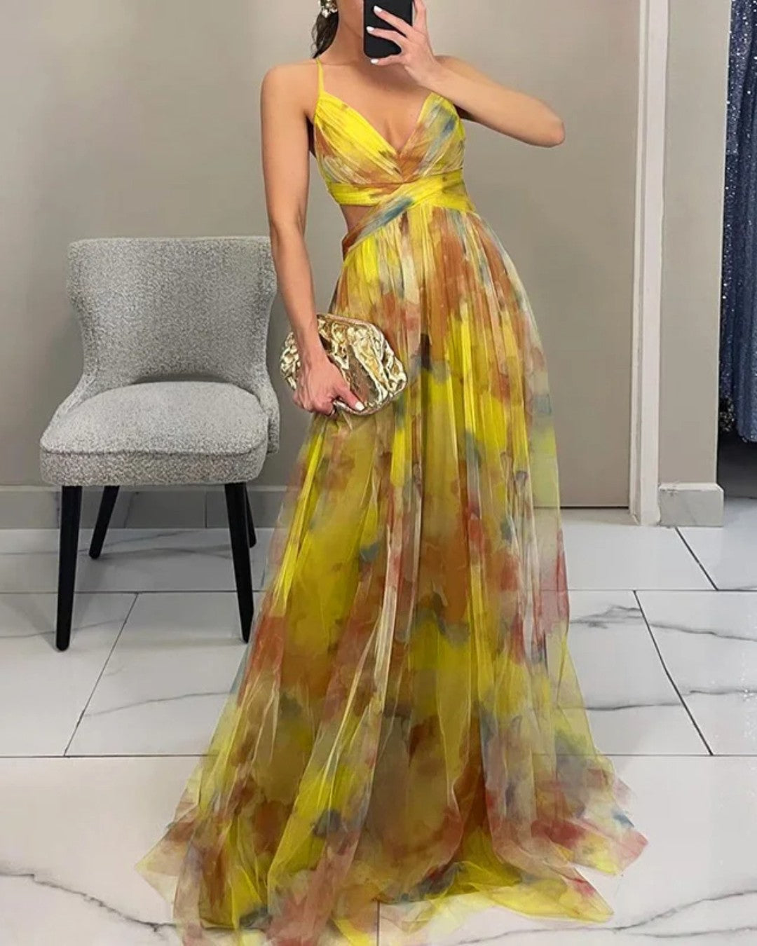 Floral Print Chiffon Deep V-Neck Ruched Waist A-Line Maxi Dress