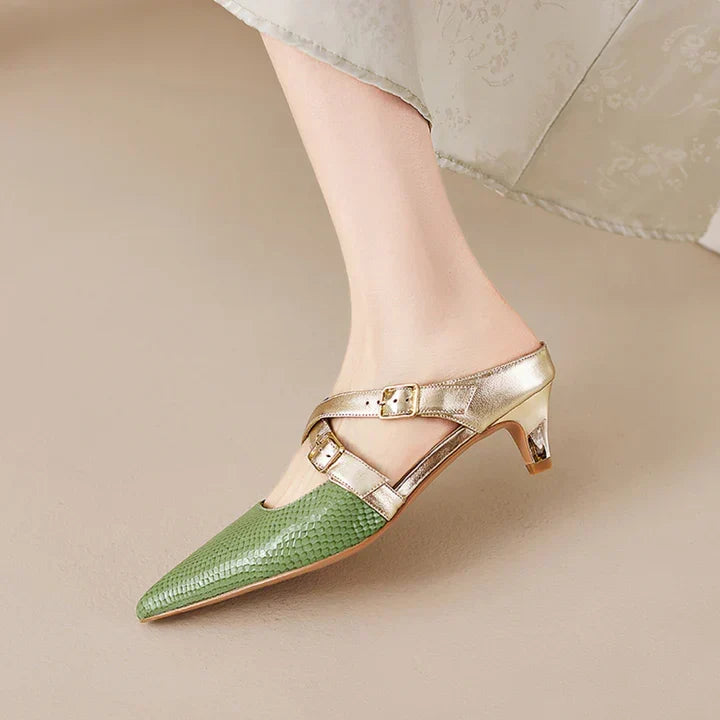 Pointed Toe Cross Ankle Strap Buckle Slingback Heels