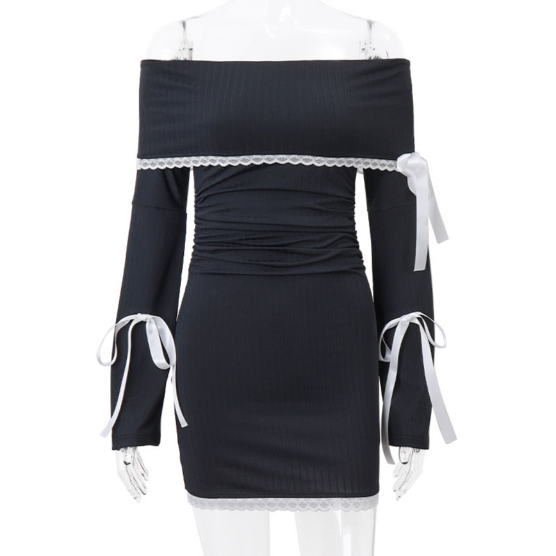 Ribbed Knit Off Shoulder Bell Sleeve Bow Lace Trim Bodycon Mini Dress 9