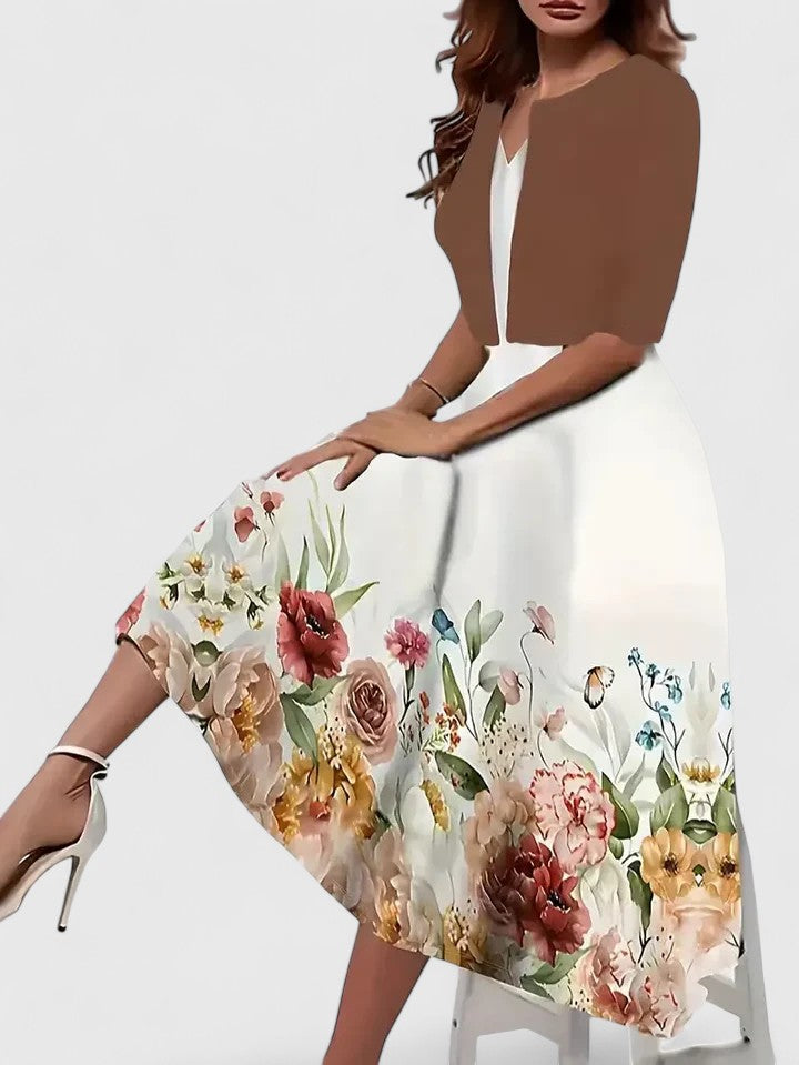 V-Neck Floral Print Fit and Flare Midi Dress