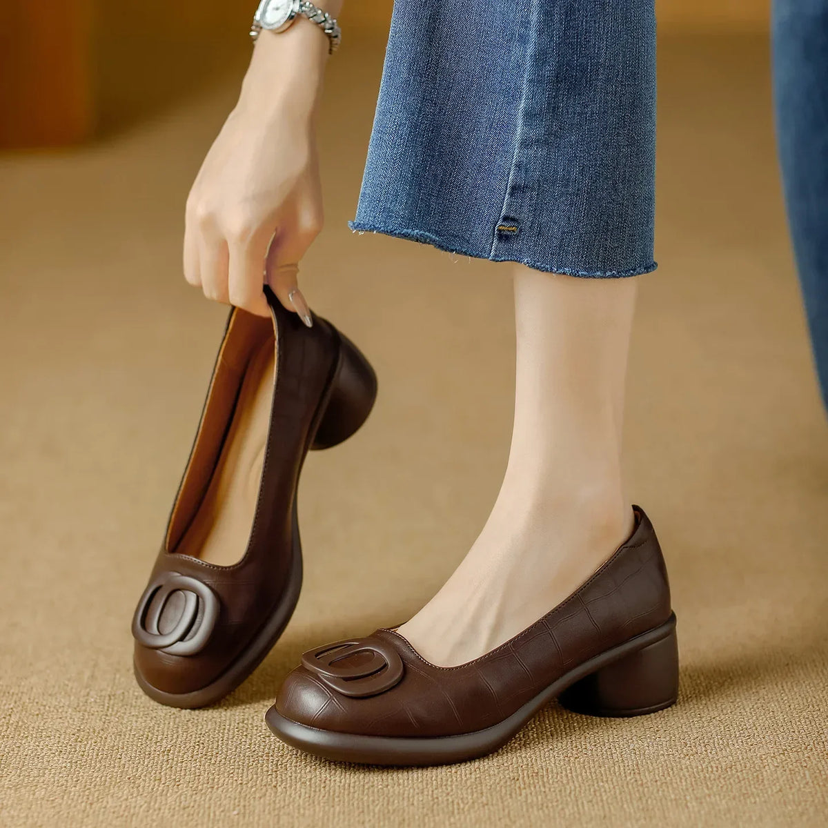 Round Toe Slip On Buckle Block Heel Pumps