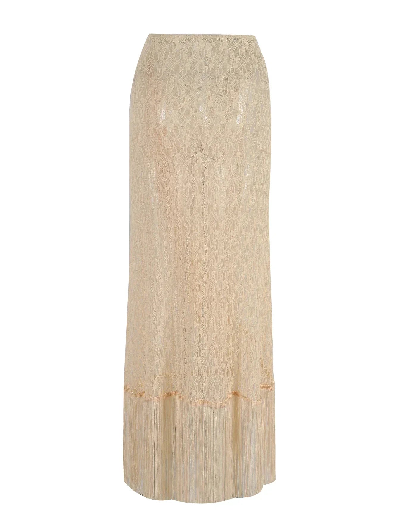 Crochet Knit Deep V-Neck Waist Cut Out Fringe High Split Maxi Dress