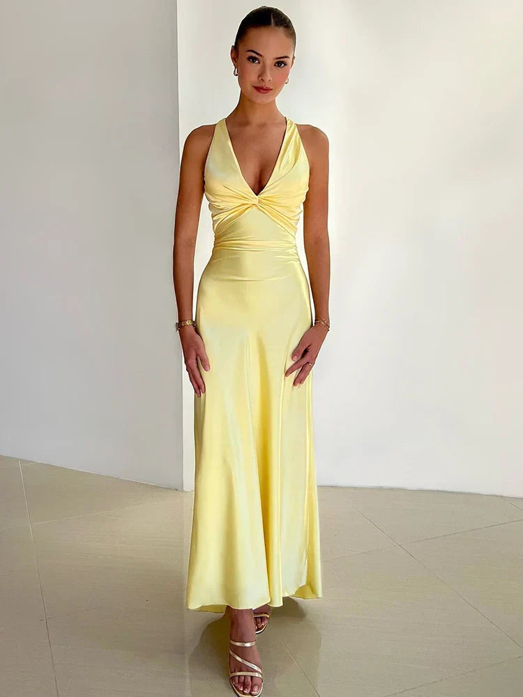 Satin V - neck Back Strappy Bow Maxi Dress