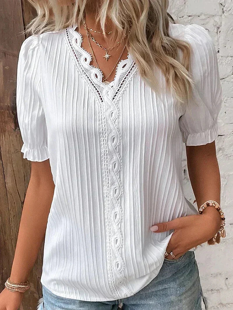 V-Neck Lace Trim Short Sleeve Blouse