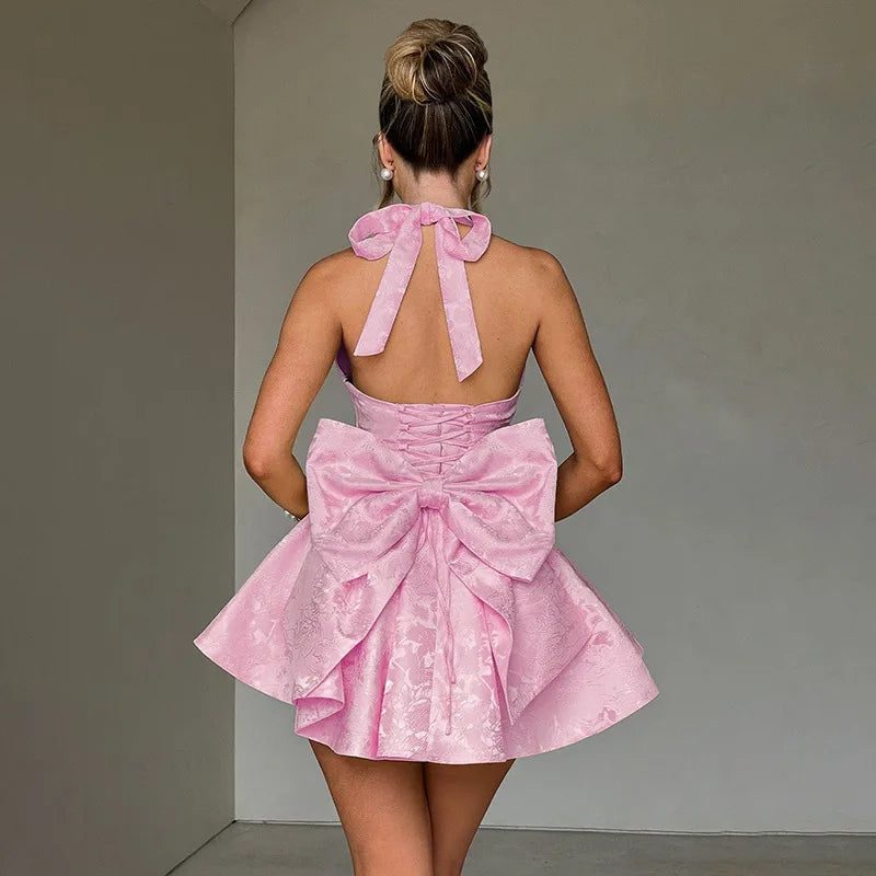 Women's Bow Deep V Halter Backless A - line Dress