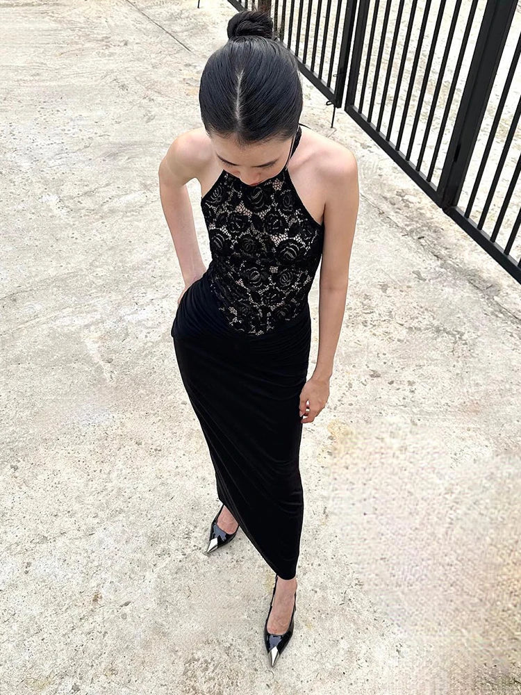 Lace Bodice Halter Neck Sleeveless Ruched Waist Fitted Maxi Dress 6