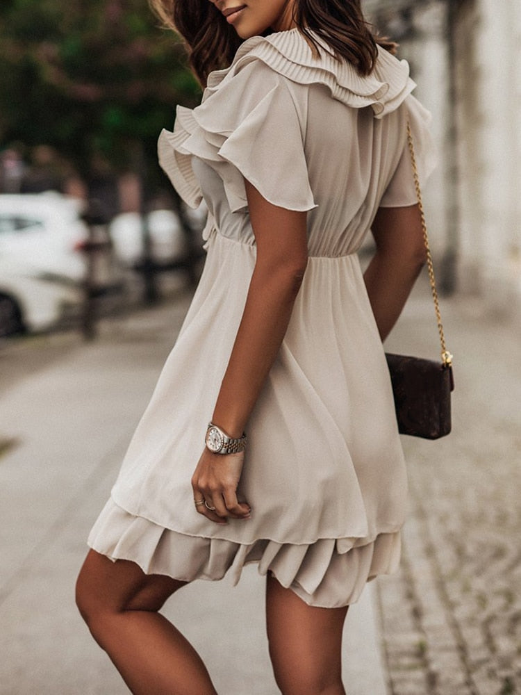 Deep V-Neck Flutter Sleeve Sunray Pleated Ruffle Tiered Mini Dress