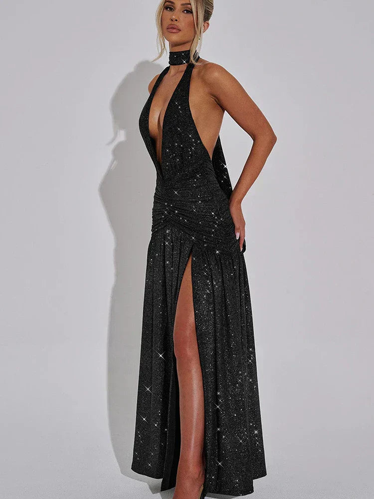 Glitter Strapless Bodycon High Split Party Midi Dress