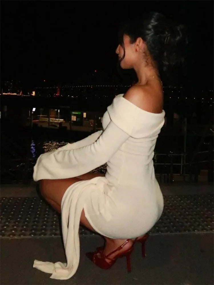 Off Shoulder Long Sleeve Ribbed Knit Side Tie Bodycon Mini Dress