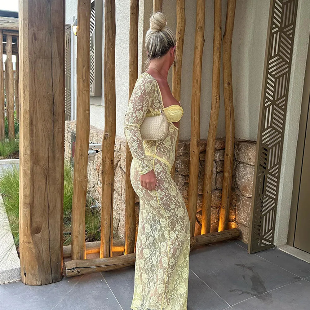 Sheer Floral Lace Long Sleeve Cut Out Twist Bust Bodycon Maxi Dress 14