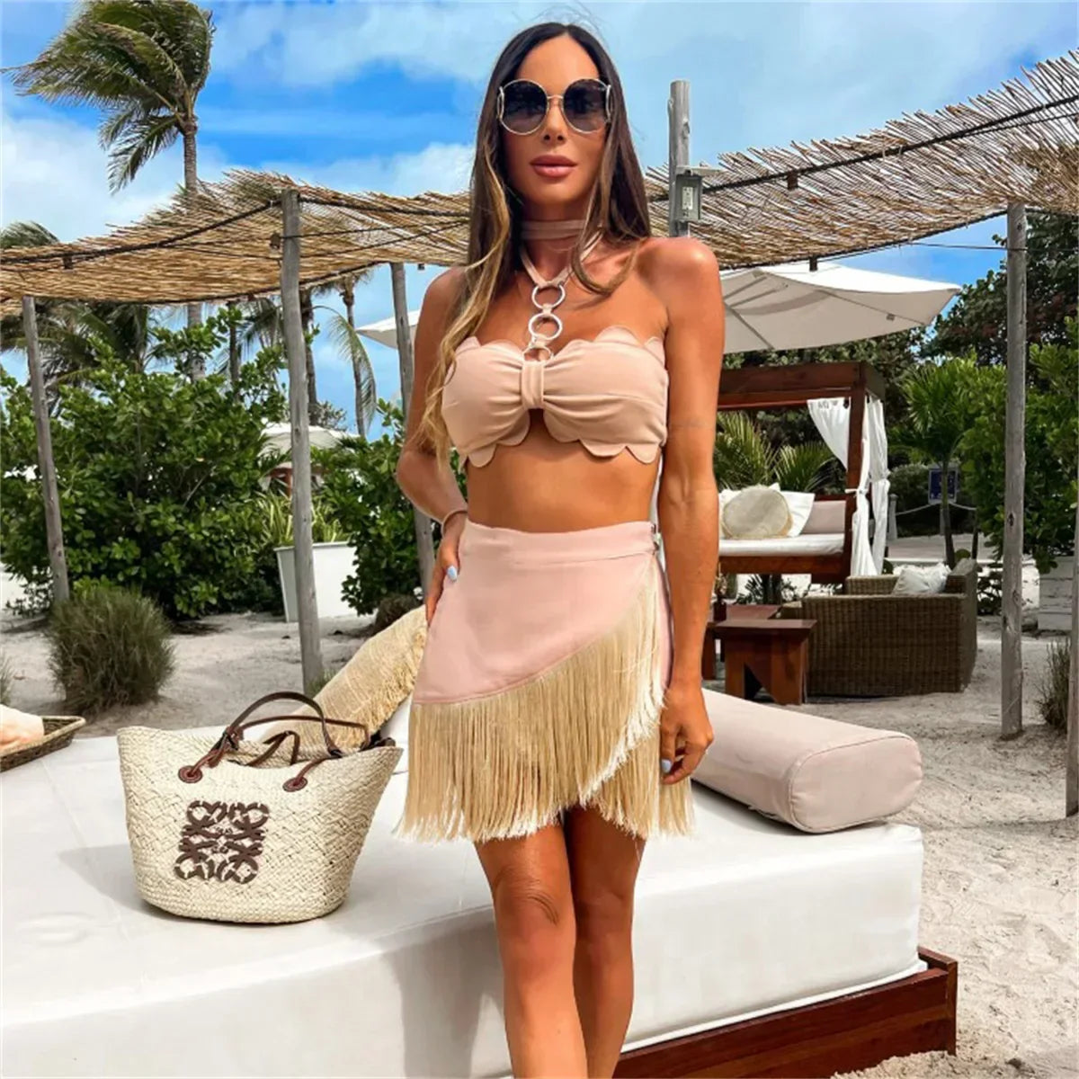 Leopard Print Halter Crop Top Fringe Mini Skirt Two Piece Set