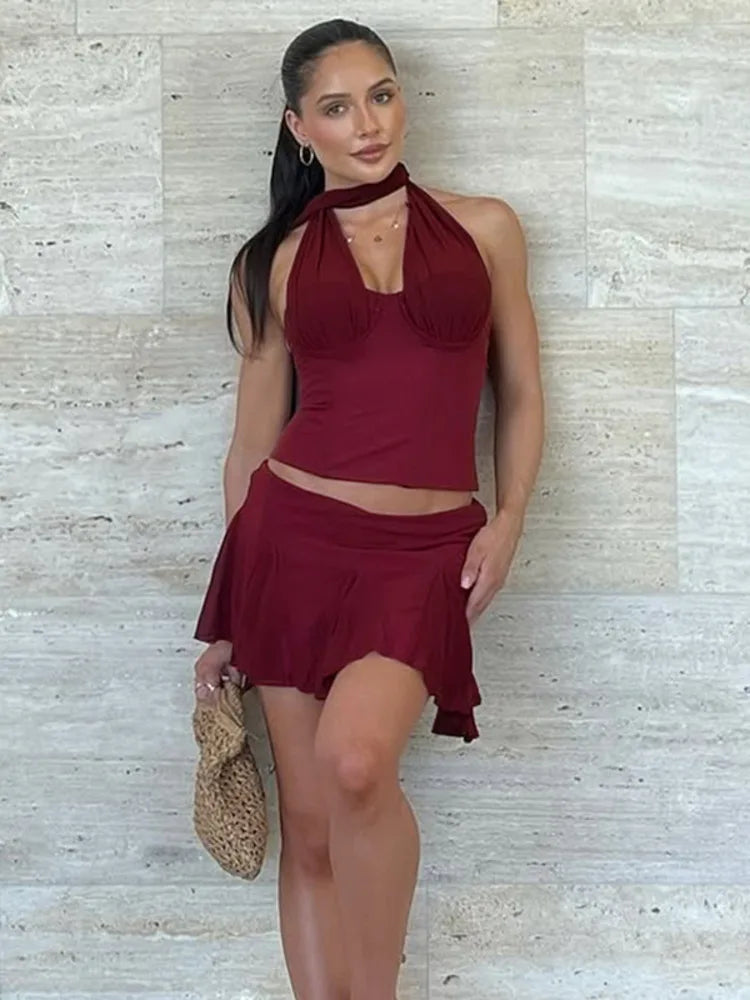 Halter Off-shoulder Mini Knit Set