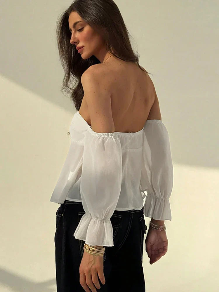 Creamy Slash Neck Flared Strapless