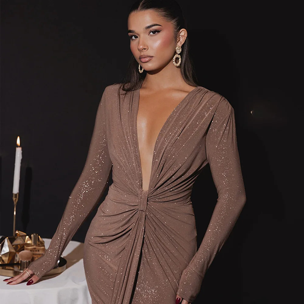 Glitter Deep V-Neck Long Sleeve Twist Front Ruched Maxi Dress 26