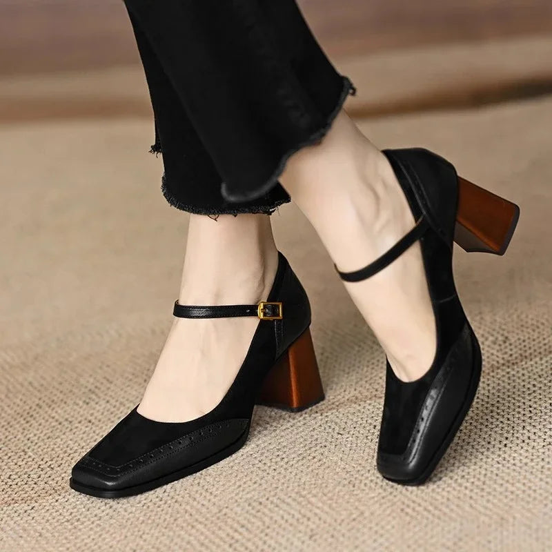Square Toe Ankle Strap Block Heel Mary Jane Pumps