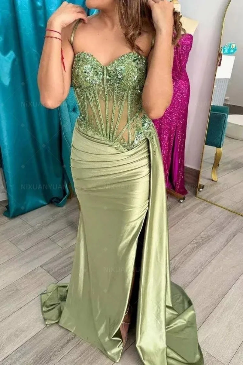 Sequin Spaghetti Strap Corset High Split Satin Mermaid Gown