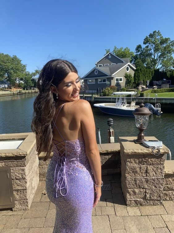Shiny Purple Spaghetti Straps Mermaid Long Prom Dress cc1026