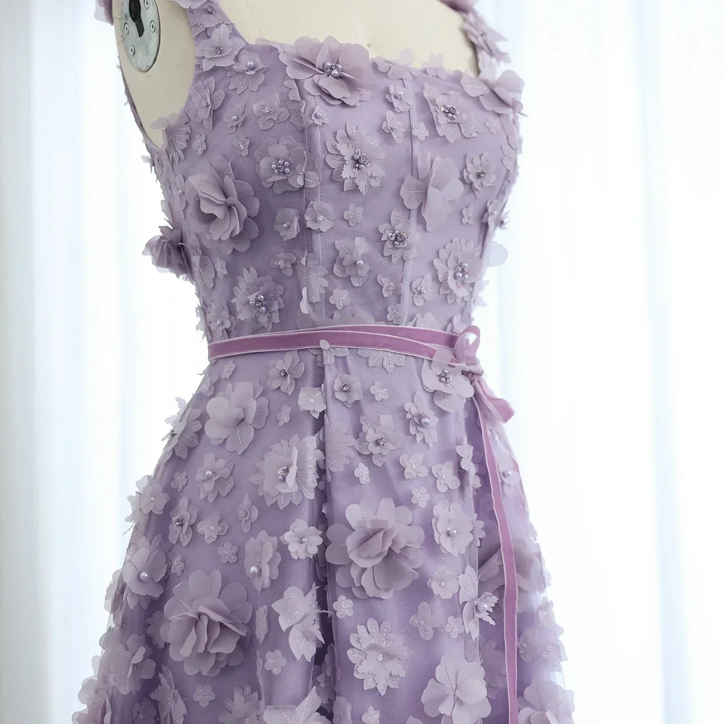 3D Floral Applique Square Neck High Split Tulle A-Line Gown
