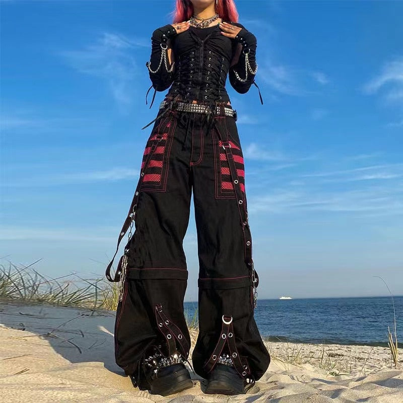 Mojoyce Dark Academia Jogging Femme Oversize Chain Bandage Trousers Streetwear 90S Y2K Gothic Cargo Pants Woman Wide Leg Pants Punk
