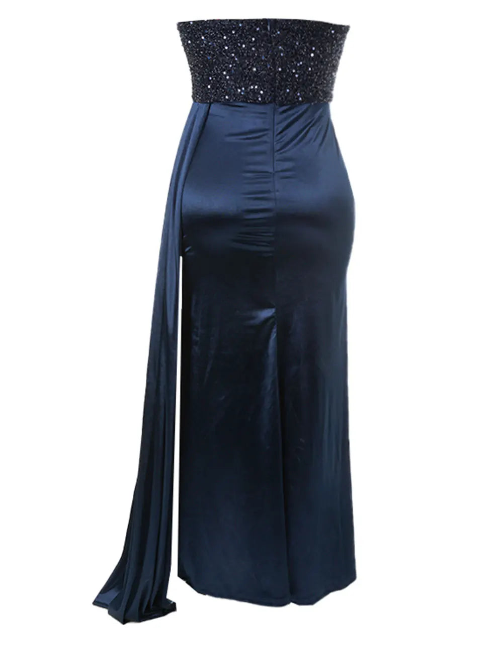 Sequin Strapless Sweetheart Ruched Draped Side Panel Satin Maxi Gown