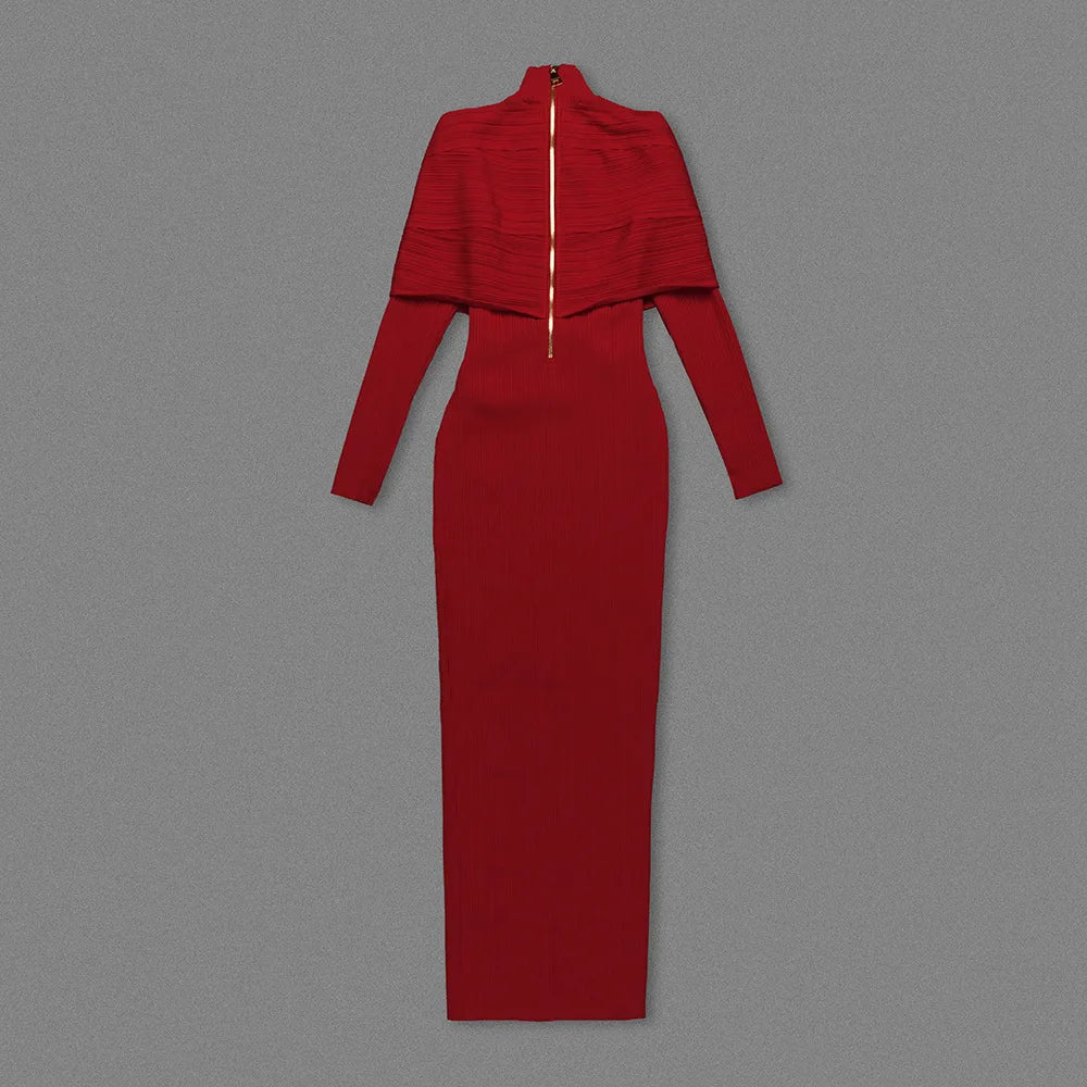 Ribbed Knit High Neck Long Sleeve Cross Wrap Bodycon Maxi Dress