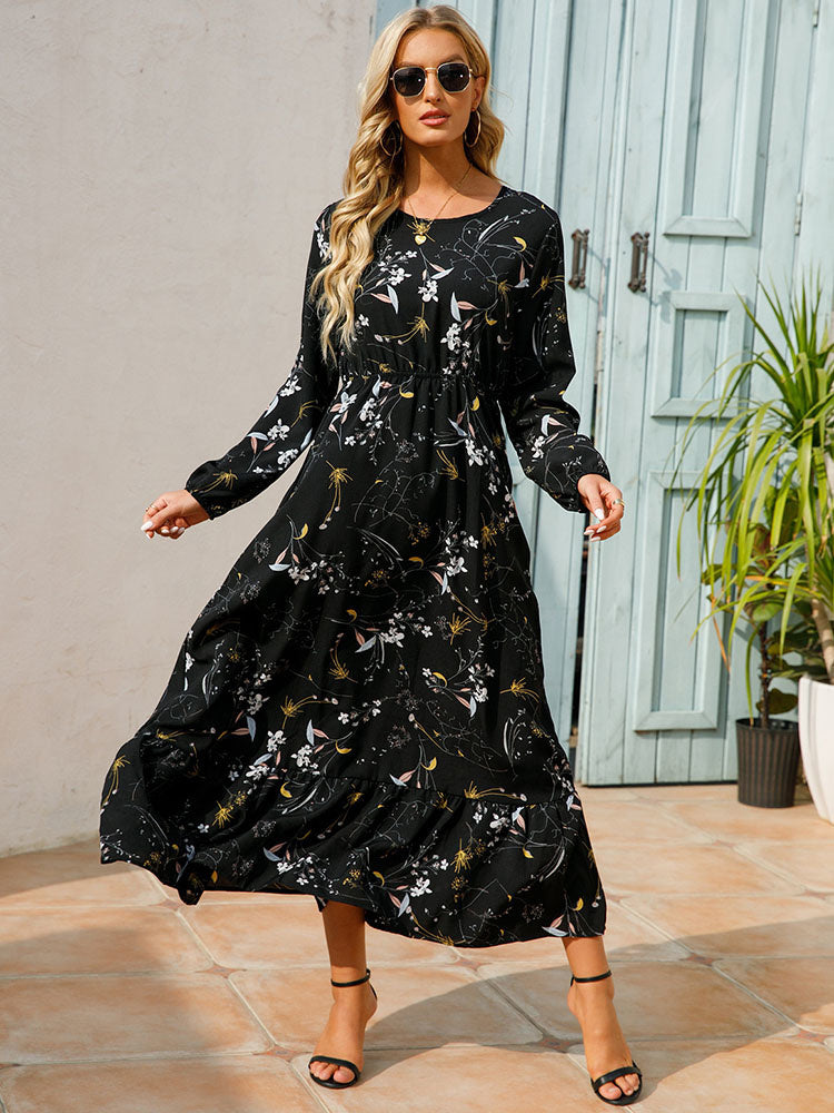 Floral Print Round Neck Long Sleeve Elastic Waist Ruffle Hem Maxi Dress 7