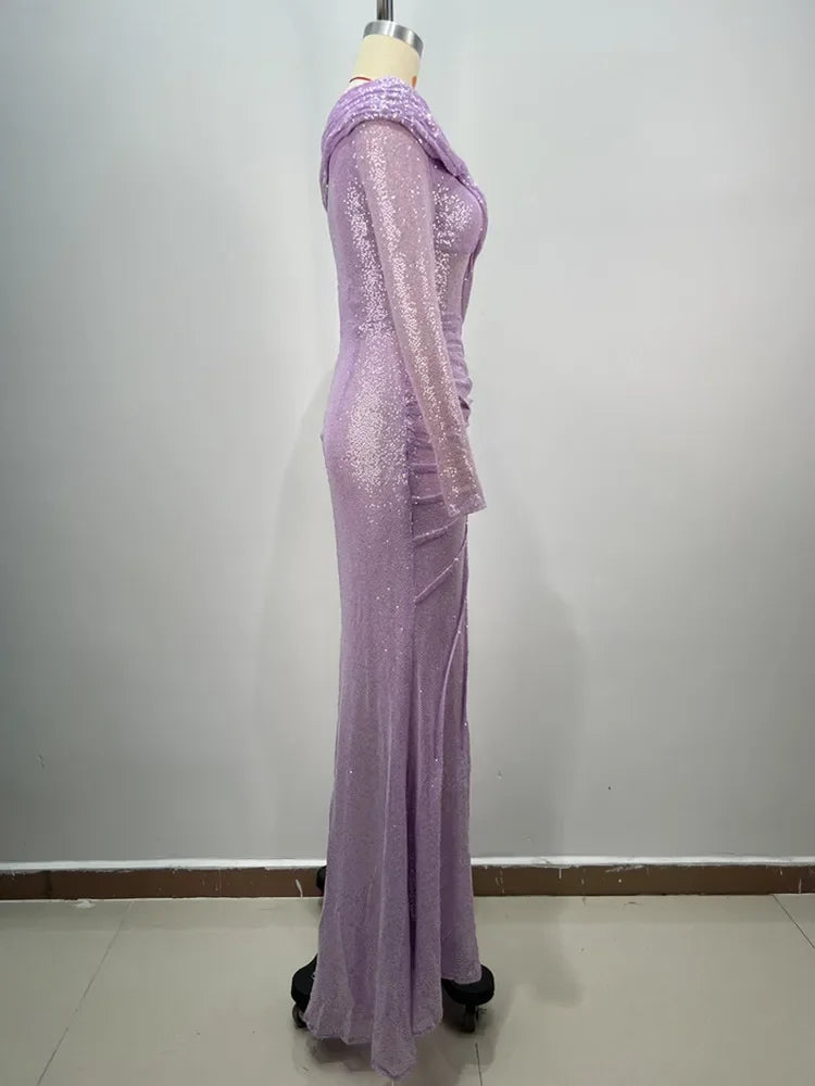 Off - Shoulder Long Sleeve Asymmetric Mesh Dress - View 4